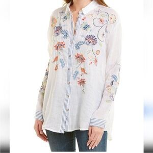 Johnny Was Workshop White Floral Embroidered Button Down Piper Top Size Large